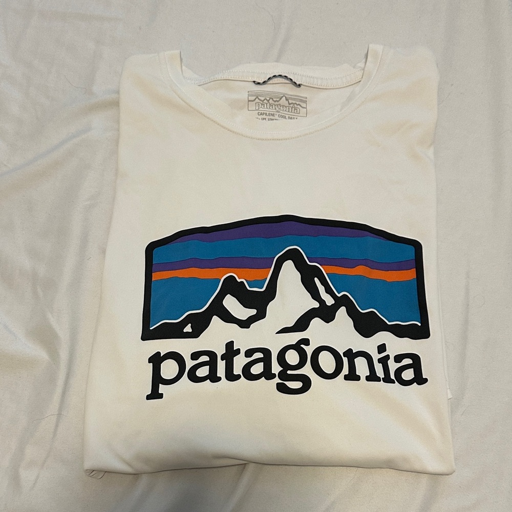 Patagonia White Tee with Vibrant Mountain Design